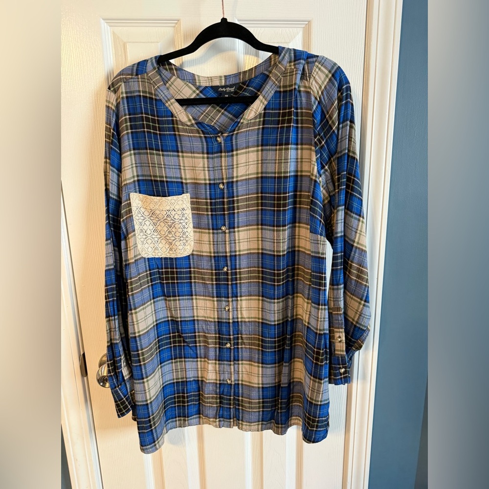 Lucky Brand Blue Plaid Button-Up Shirt with Lace Accent